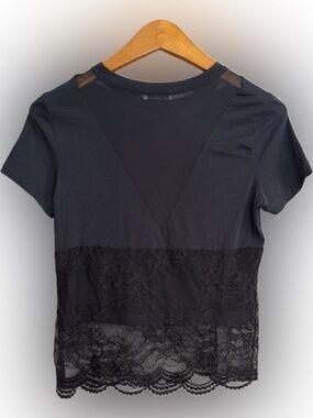 🖤 ZARA Black Lace Hem Crop Top | Sheer Panel Tee | Minimal Chic | Size S